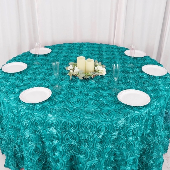 Wedding Rosette SATIN 120" Round Tablecloth - Dark Turquoise - Picture 2 of 8
